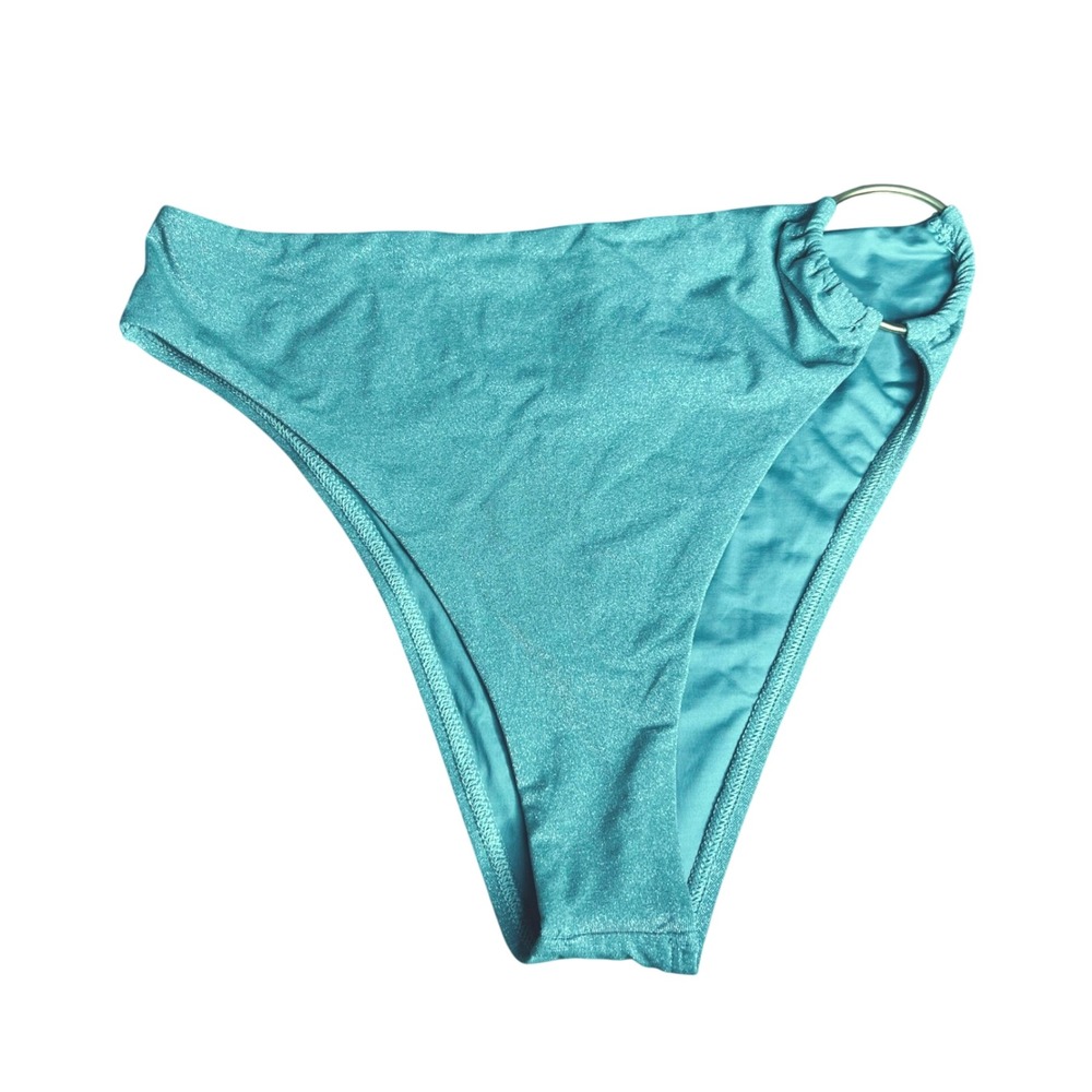 Vitamin A Bikini Bottoms Sz M Teal Metallic Shimmer High Waist Ring Side NEW